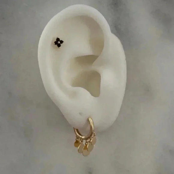 Gold Huggie Hoop Fringe Coin Dangle Earrings - Picture 2 of 3